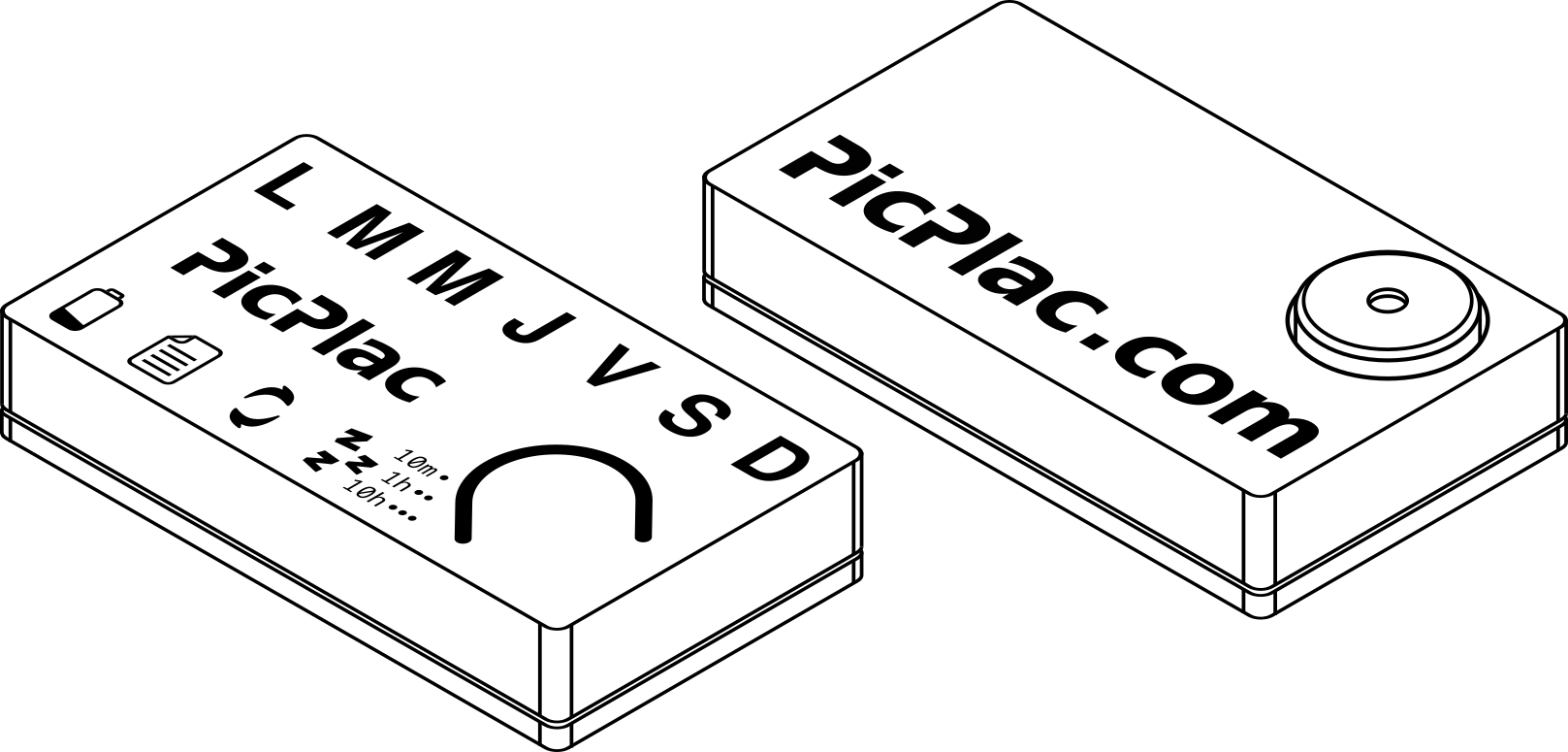 Dispositivo PicPlac — una pequeña caja inteligente IoT, por delante y por detrás